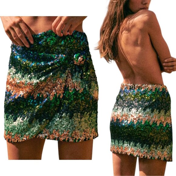 Sezane - Women’s ‘Pacome’ Wrap Sequined Mini Skirt Multicolor - Size 38 FR, 6 US - Picture 1 of 16